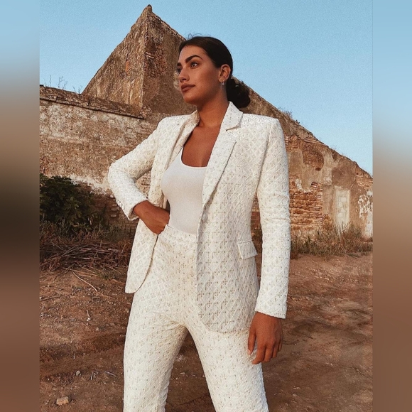 NADINE MERABI MEGHAN White Beige Flare Embroidered Sequin Velvet Trousers Pants - Picture 12 of 16